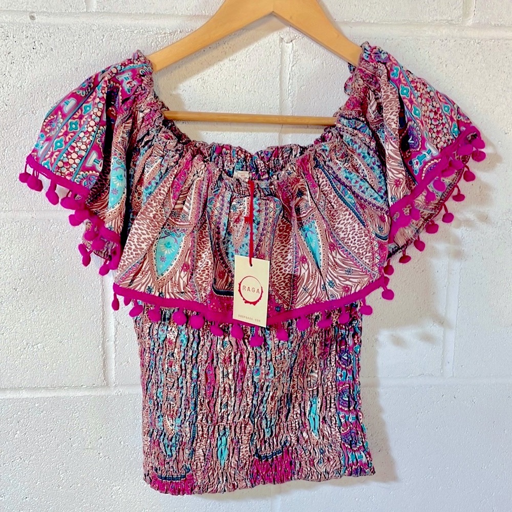 NWT RAGA pink On or off shoulder fuscia Pom Pom crochet trim smock boho top S
